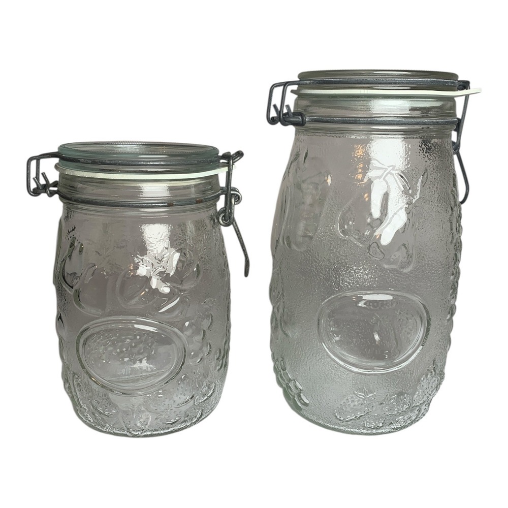 Vintage Wheaton Clear Glass Jar Set 1.5 L 1 Liter Embossed Fruit Wire Clasp‎ Lid